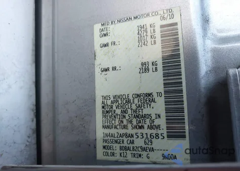 2010 Nissan Altima 2.5 S z USA, uszkodzony, nr VIN 1N4AL2AP8AN531685